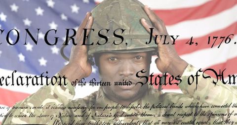 African American Soldier with US Declaration and Flag Background
