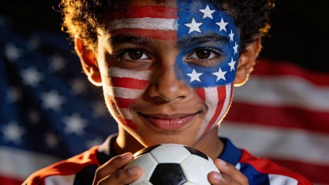 Youth soccer fan wearing american flag face paint holding ball celebrating national pride