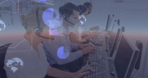 Call Center Agents Typing at Open Desks Wearing Headsets with Digital Analytics Overlays