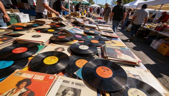 Vintage vinyl records spreading across outdoor market table while shoppers browsing stalls