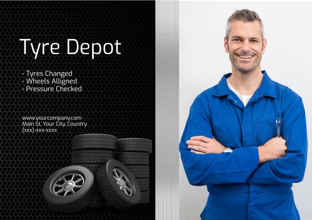 Confident Mechanic Promoting Automotive Tyre Services and Wheels Alignment - Download Free Stock Templates Pikwizard.com