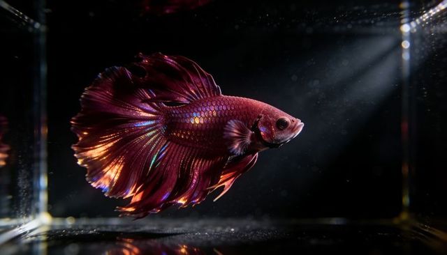 Iridescent red-violet betta fish gliding with flowing fins under dramatic spotlight