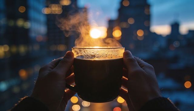 Cradling steaming coffee cup at city window during sunrise bokeh glow and urban skyline