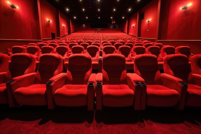 Empty red seats fill a modern movie theater, awaiting an audience. The cinema's vibrant interior invites a captivating film experience.