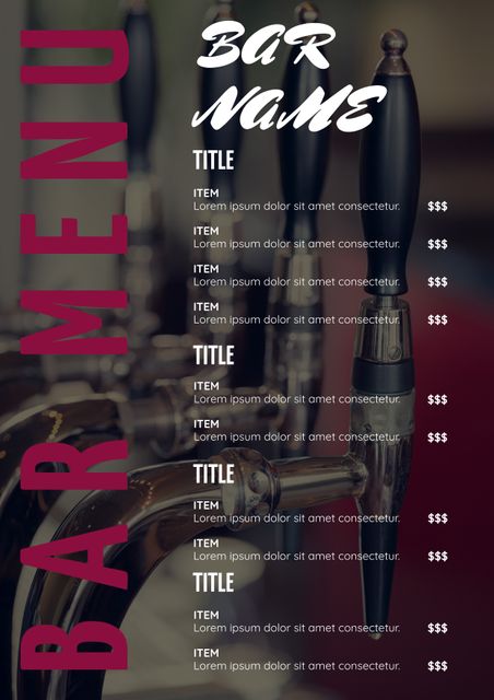 This editable bar menu template features an elegant design with tap handles, suitable for upscale bars and pub establishments. The dark theme adds a sophisticated touch, making it ideal for restaurants and eateries looking to present their beverage list stylishly. Perfect for customizing with your bar's name and drink selections.