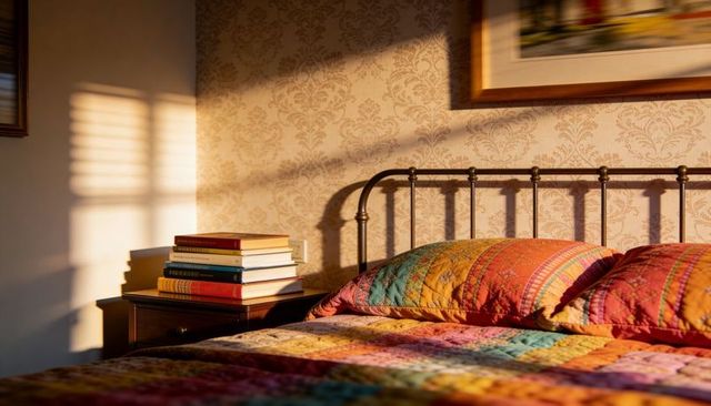 Streaming sunlight over vintage bed with metal headboard and colorful patchwork quilt