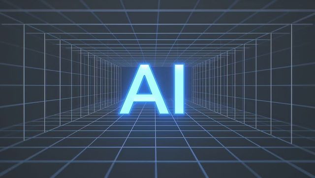 Glowing ai letters pulsing in neon cyan grid tunnel toward vanishing point