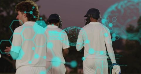 Cricket team walking at twilight while holographic analytics overlay visualizes metrics