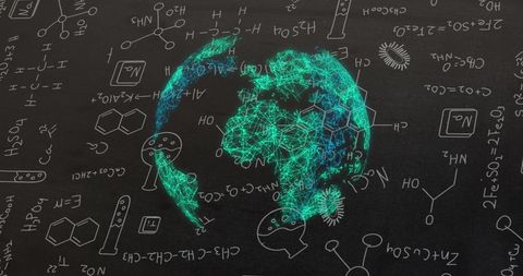 Digital globe with chemical formulas and dna network
