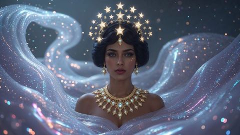 Goddess in cosmic veil with radiant star halo