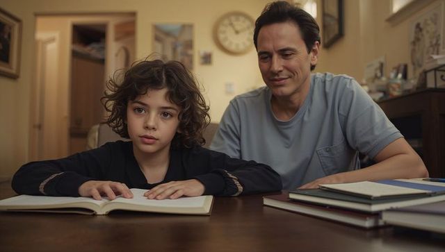 Father guiding child through homework on wooden table at home, calm reading and learning