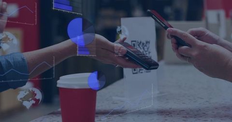 Contactless mobile payment at cafe counter with qr code and pos terminal analytics