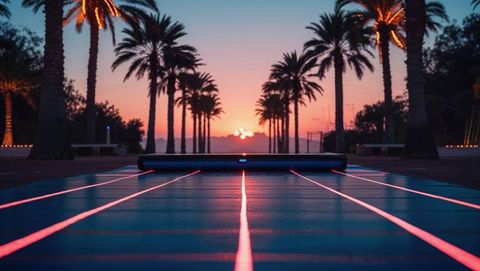 Futuristic Hover Device Above Glowing Urban Promenade at Sunset