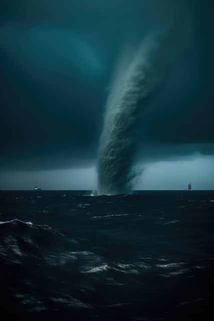 Huge tornado swirling over sea, created using generative ai technology. Power in nature, danger and natural disaster concept digitally generated image.