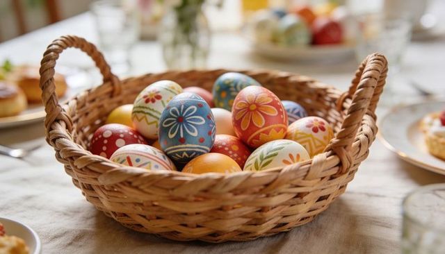 Displaying hand-painted easter eggs in woven basket on rustic linen table for spring decor