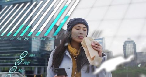 Commuter eating takeout using smartphone with augmented data overlays in modern city plaza