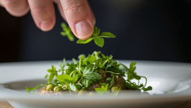 Chef hand garnishing microgreens and peas on gourmet white plate, closeup culinary art
