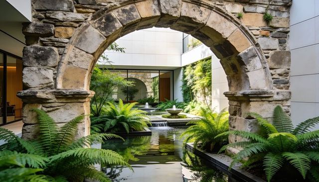 Stone arch framing tranquil reflecting pools and lush fern courtyard with modern glass