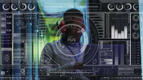 Engineer Analyzing Digital Data Overlay in Data Center