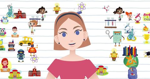 Animated Woman Talking with School Icons for Mentoring Month