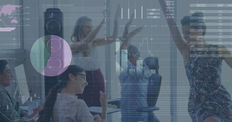 Business Team Celebrating Success with Virtual Data Overlay
