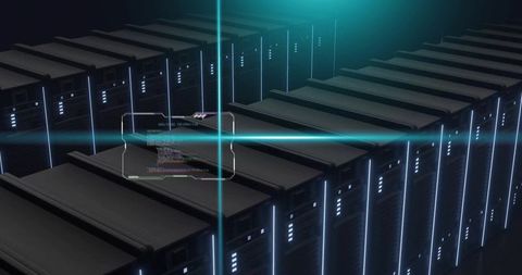 Scanning server racks with holographic hud and cyan crosshair in futuristic data center