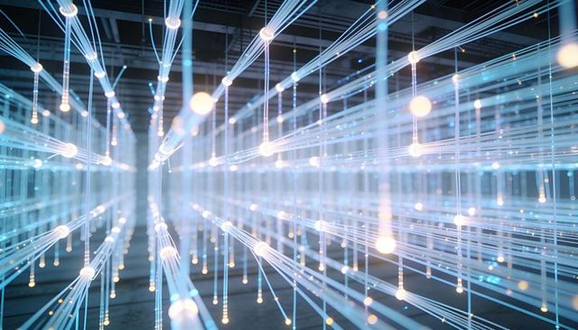 Glowing fiber optic network tunnel with luminous nodes and depth perspective