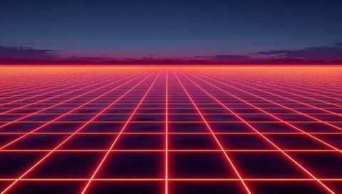 Magenta neon grid receding to horizon with reflective tiles and retro futurism glow