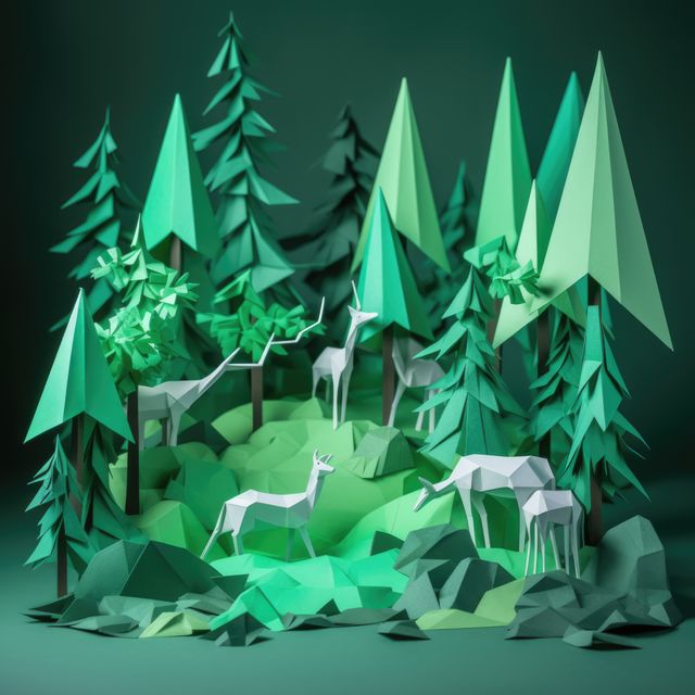 Green origami landscape with trees and wild animals, created using generative ai technology. Orgiami art, scenery, nature and pattern concept digitally generated image.
