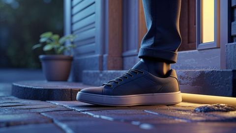 Casual evening step at cozy doorstep