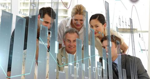 Business team analyzing 3D financial chart with candlestick and bar data visualization