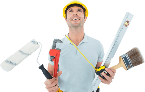 Happy Worker Holding Various Tools with Transparent Background - Download Free Stock Videos Pikwizard.com