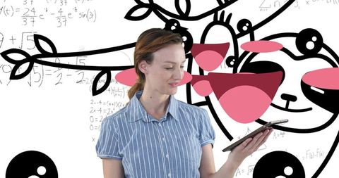 Professional Woman Engaging with Digital Tablet Amid Mathematical Artwork - Download Free Stock Images Pikwizard.com