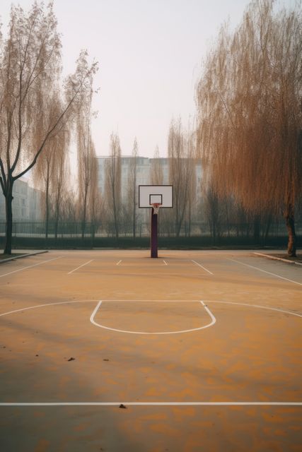 Empty outdoor basketball court with bare trees surrounding it, bathed in soft fall morning light. Ideal for use in sports, fitness, and seasonal articles. Great for themes about quiet moments, local parks, or autumn scenery.