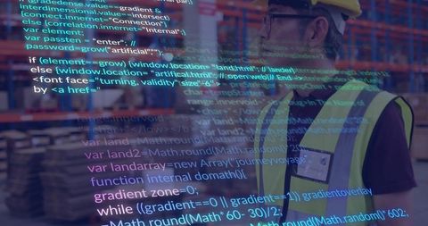 Warehouse supervisor inspecting pallet racks with code overlay for smart logistics safety