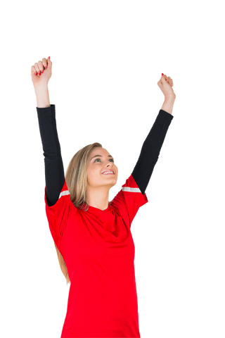 Joyful Female Fan Celebrating Victory with Raised Arms Transparent Background