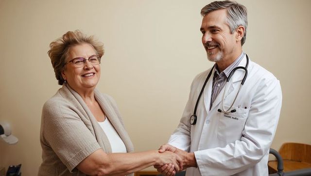 Compassionate doctor shaking hands with senior woman patient in medical clinic consultation