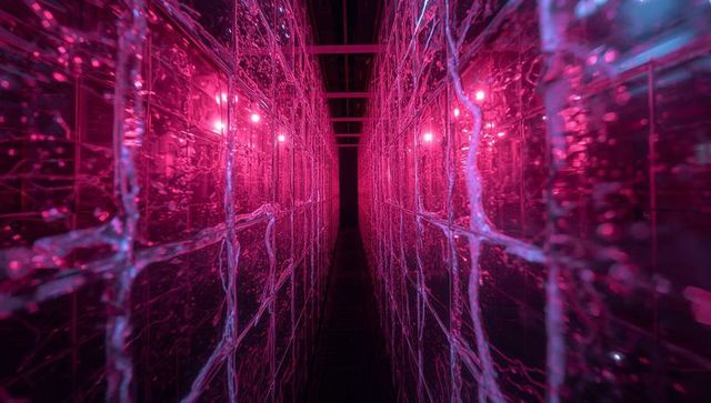 Glowing neon corridor featuring reflective vein panels and magenta led lighting