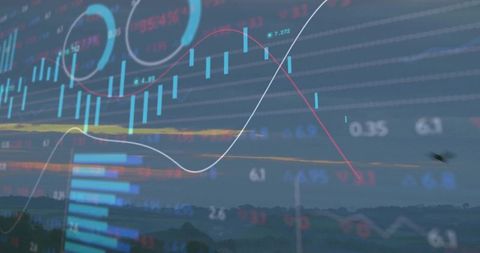Financial Data Overlaid on Rural Horizon at Dusk