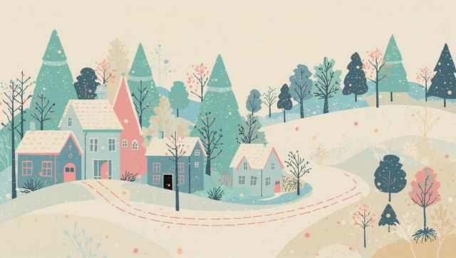 Pastel village nesting in snowy hills, winding dashed lane and cozy cottages in winter