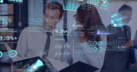 Executives collaborating around holographic finance dashboard analyzing market data live