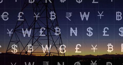 Silhouette of Power Line Tower with Floating Currency Symbols at Sunset