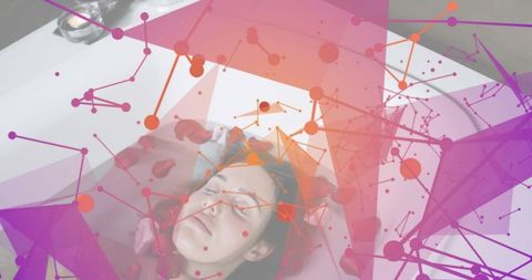 Woman Relaxing in Rose Petal Bath with Magenta Orange Geometric Overlay for Wellness