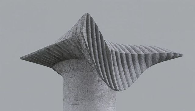 Monolithic concrete column featuring flared ribbed canopy, minimalist sculptural crown