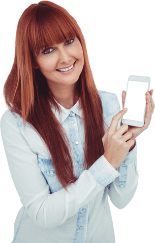 Smiling Woman Promoting Smartphone Technology on Transparent Background