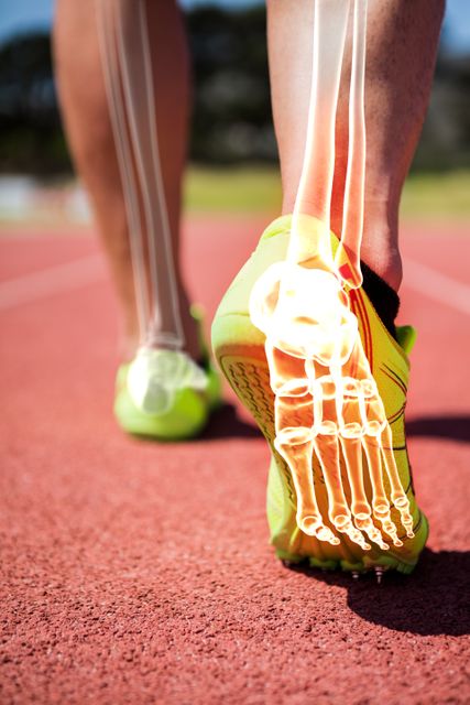 This image shows a man jogging on a track with digitally highlighted foot bones to emphasize the anatomy. Great for use in medical or health-related content, fitness blogs, or educational materials about foot health and exercise.