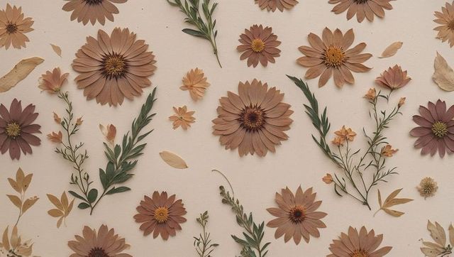 Pressed dried flowers on neutral surface for natural decor