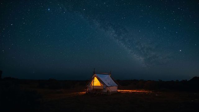 Glowing canvas tent spilling warm amber light under milky way on desert plain at night