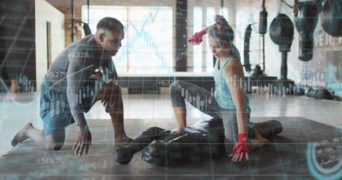 Trainer Coaching Client in Boxing Gym with Financial Charts Overlay