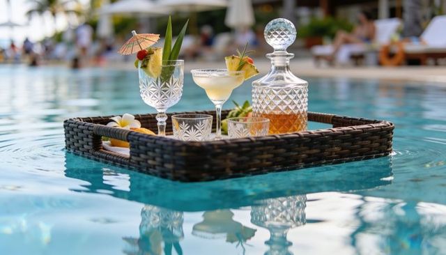 Floating wicker tray with crystal decanter and tropical cocktails, poolside lifestyle
